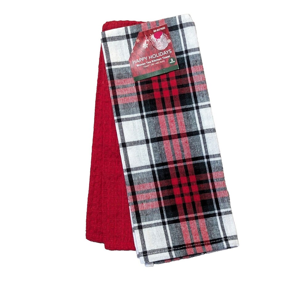 Happy Holidays Fireside Plaid Kitchen Towels 2-pc Red White Black Christmas Gift